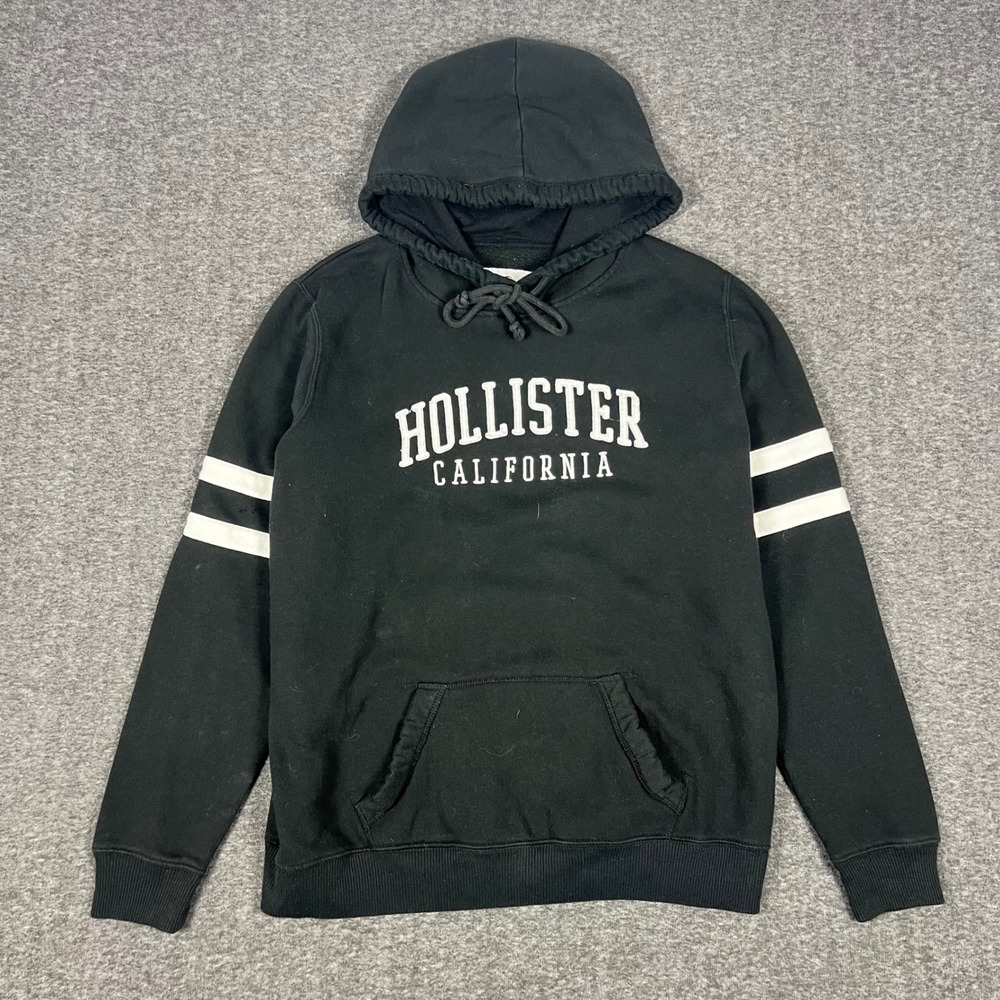 Hollister California Hoodie Men XL Black Graphic Athletic Stripe Pullover Preppy